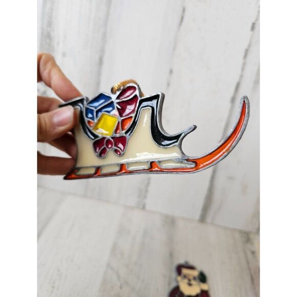 Vintage stained glass sleigh Santa ornament Xmas tree Sled - Picture 2 of 10